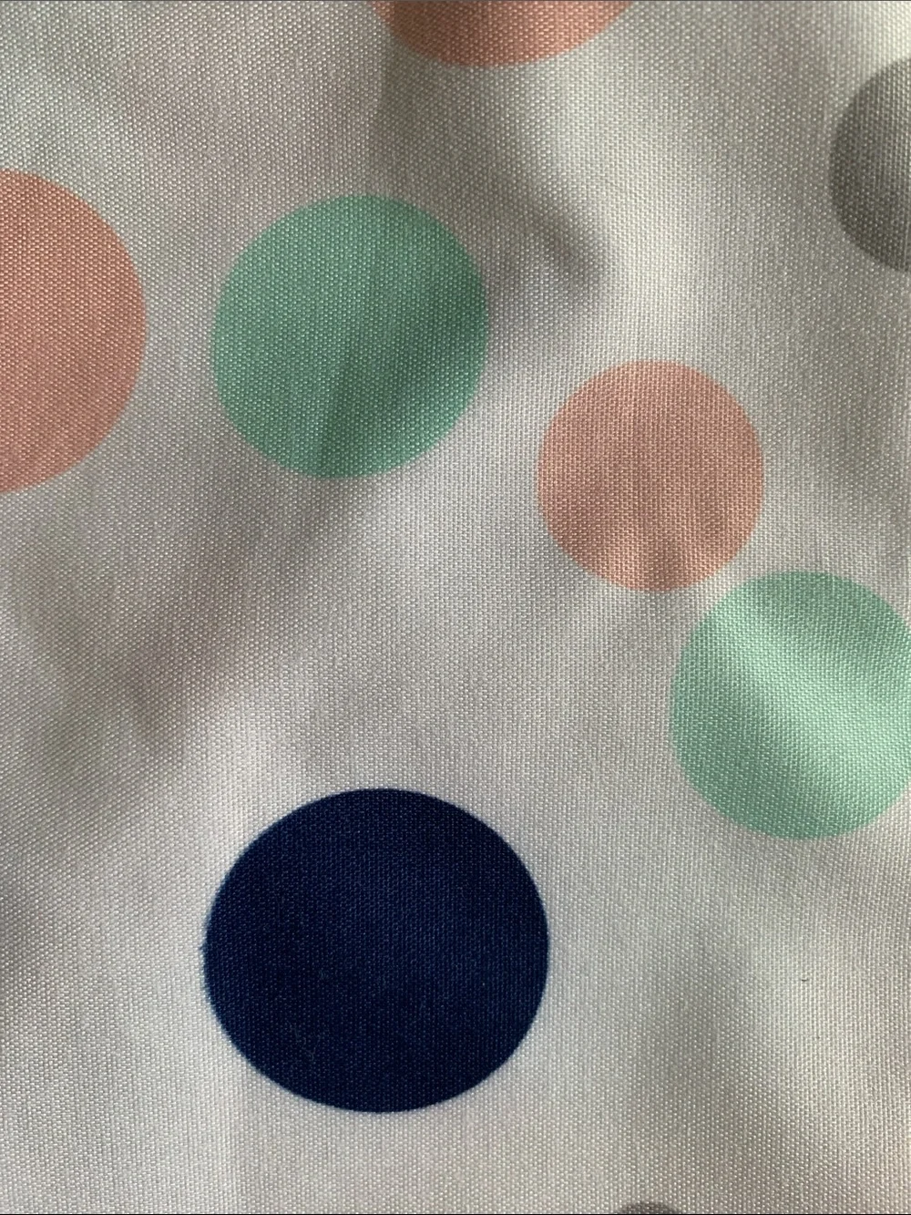 Huntington Home White Shower Curtain with Mint, Peach, Navy & Gray Dots